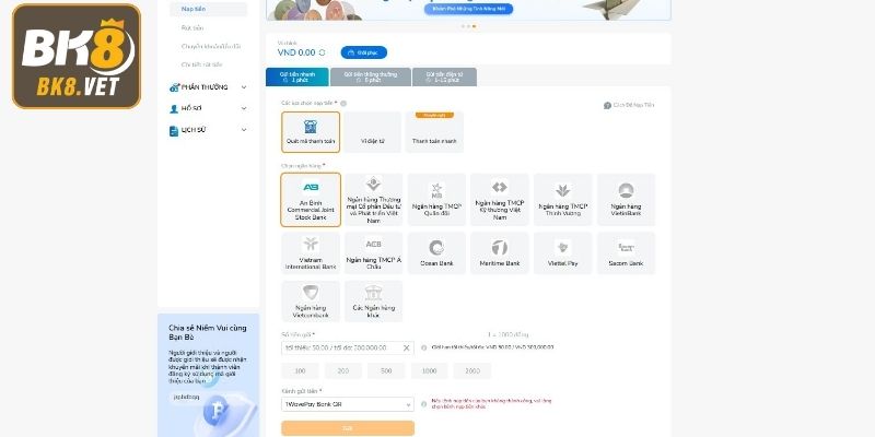 Cách nạp tiền BK8 bằng quét mã thanh toán