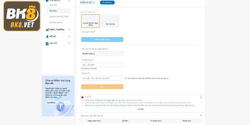 Rút tiền BK8 bằng chuyển khoản ngân hàng